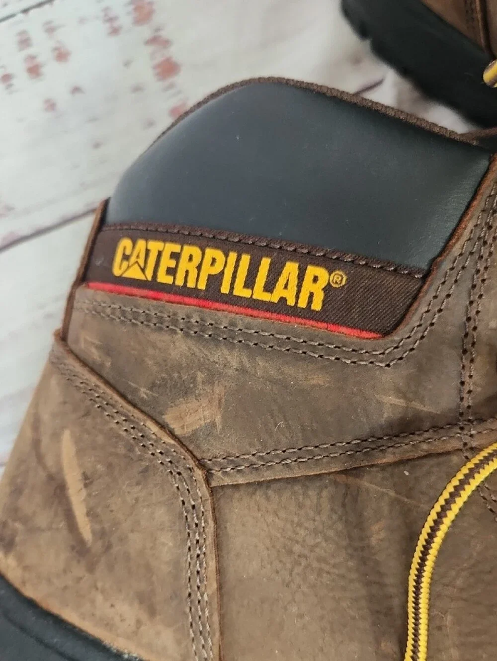 Caterpillar Brown Leather Work Boots with Yellow Laces
